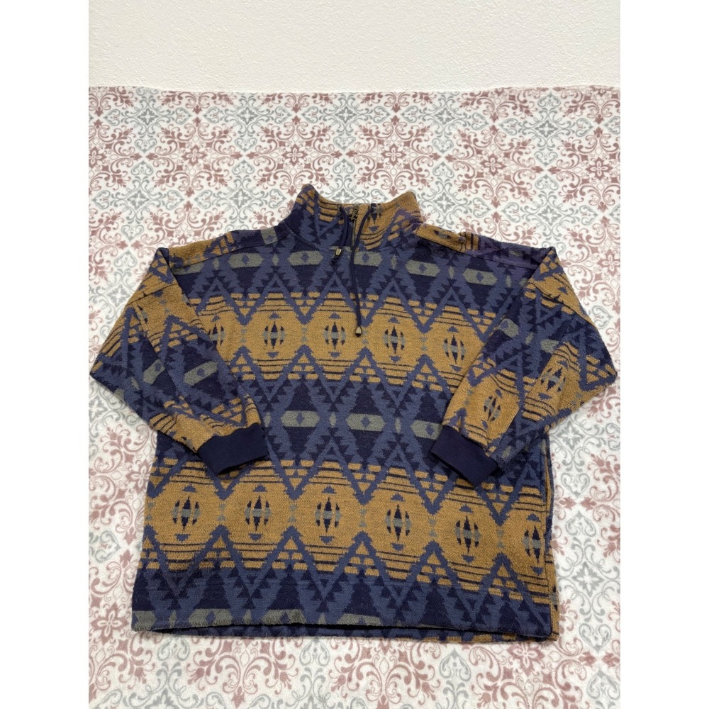 Vintage Energie Bi Currents Southwestern Fleece Quarter Zip Pullover Navy Gold M